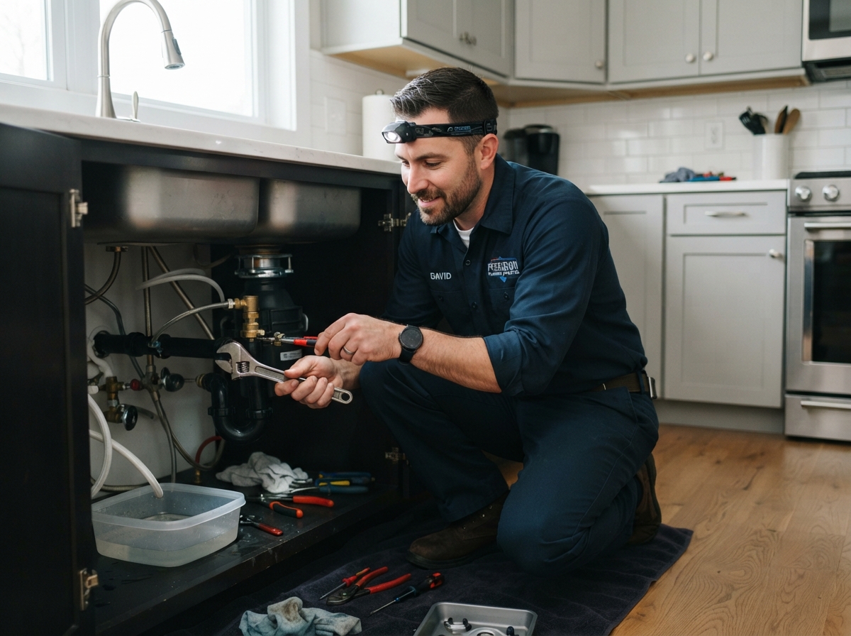 Professional plumber in a clean uniform working on a repair under a kitchen sink