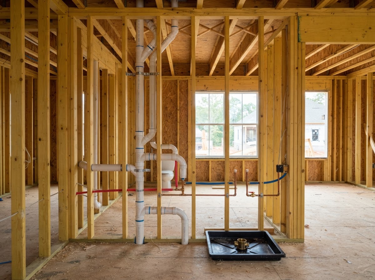 Plumbing rough-in stage of a new house under construction with PVC drain pipes and water lines among wood framing