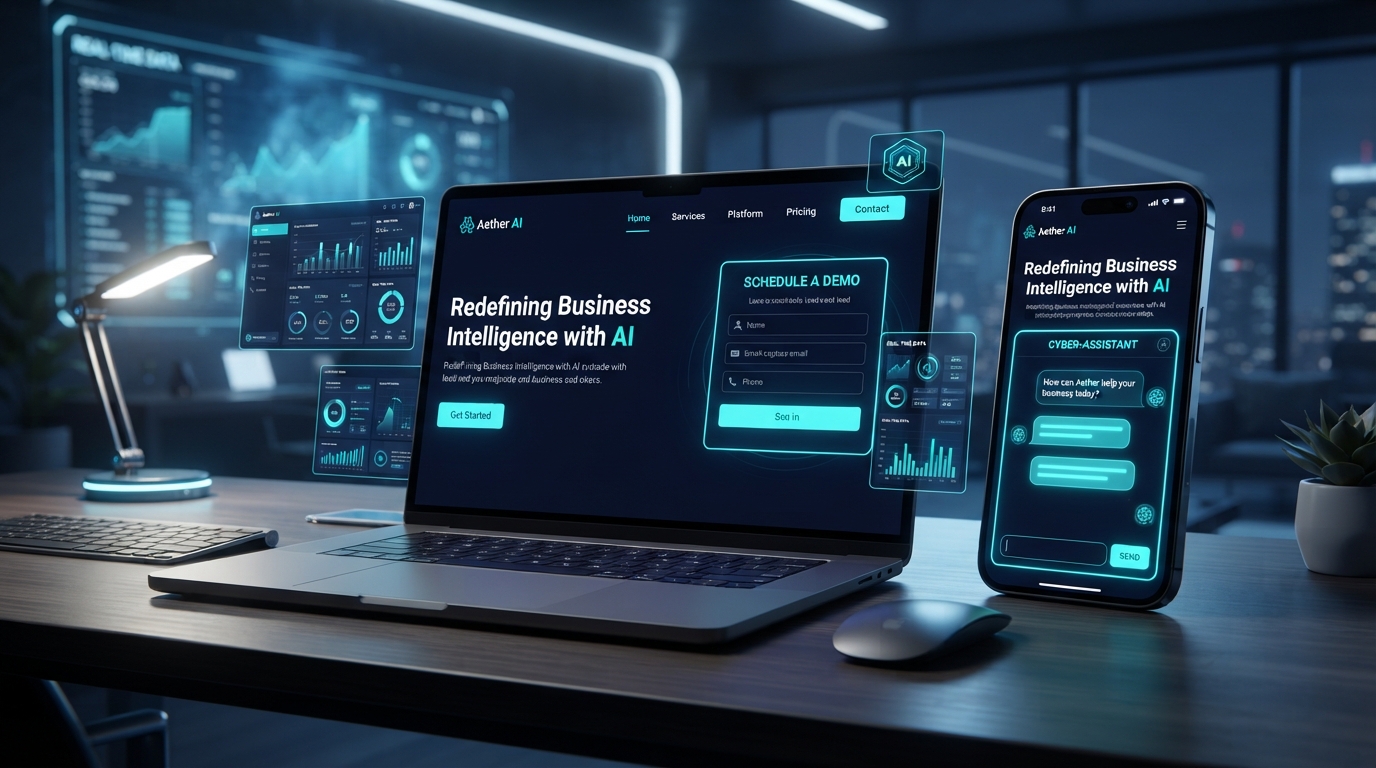 AI-powered website design mockup on laptop and phone showing lead capture and chatbot
