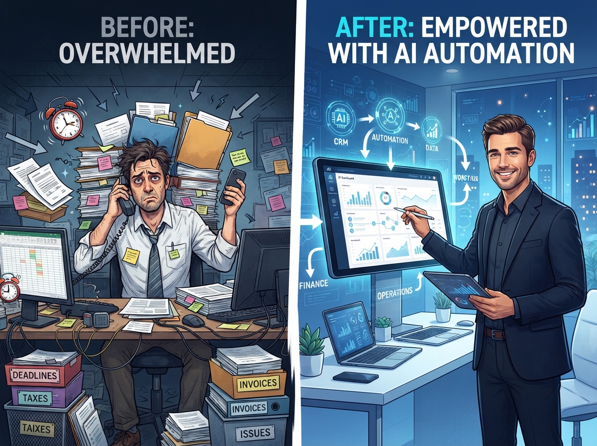 Before and after AI automation - from stressed to successful business owner