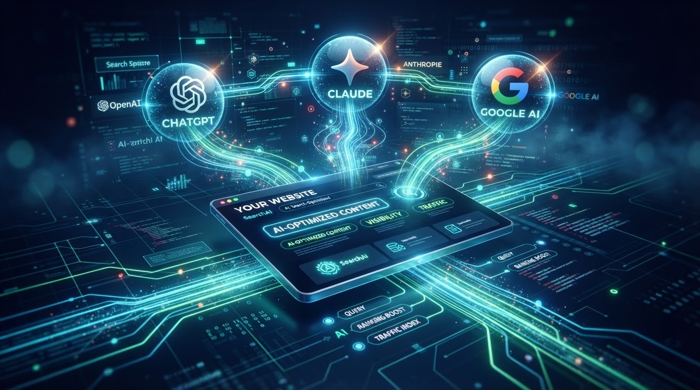 AI search optimization showing website connected to ChatGPT, Claude, and Google AI