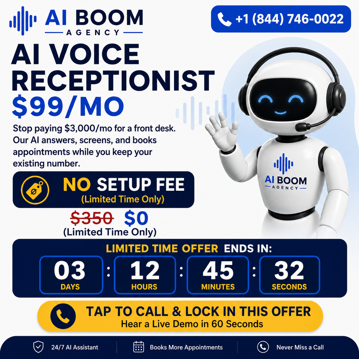 AI Voice Receptionist Robot - Friendly mascot with headset and logo