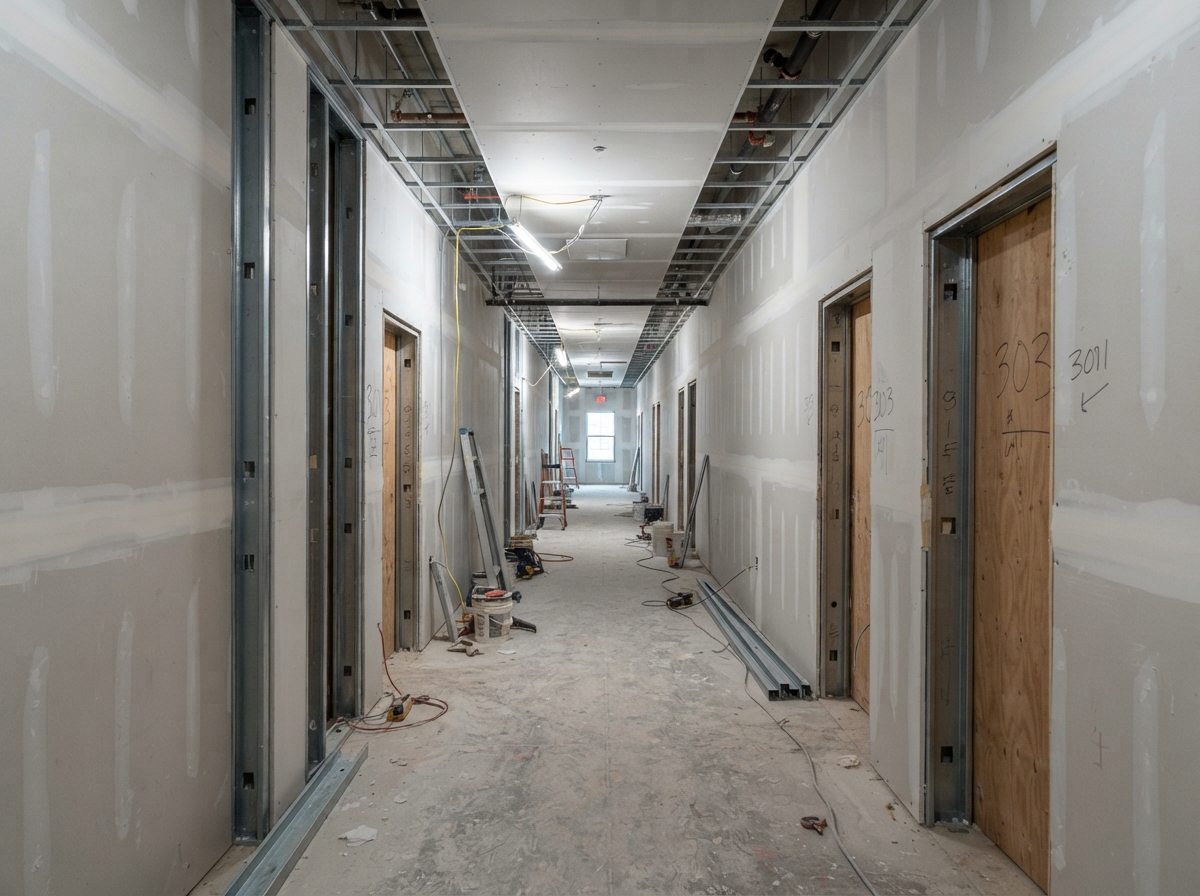 Multi-residential corridor before wallcovering installation