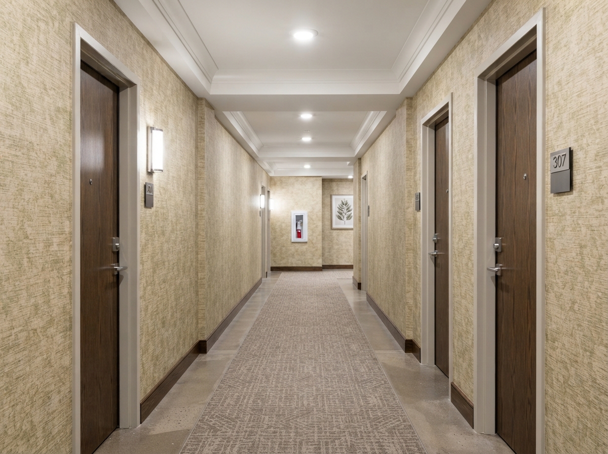 Multi-residential corridor after wallcovering installation