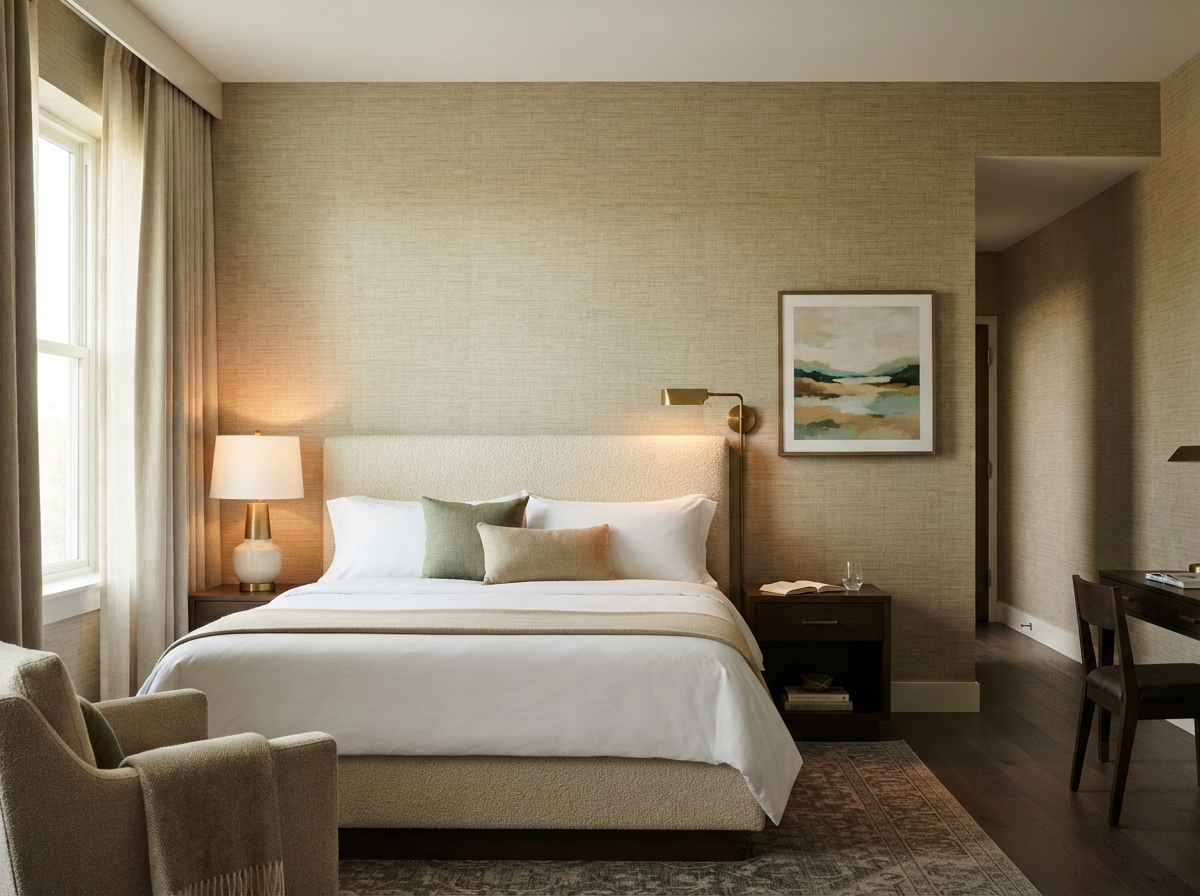 Hotel guest room after wallcovering installation
