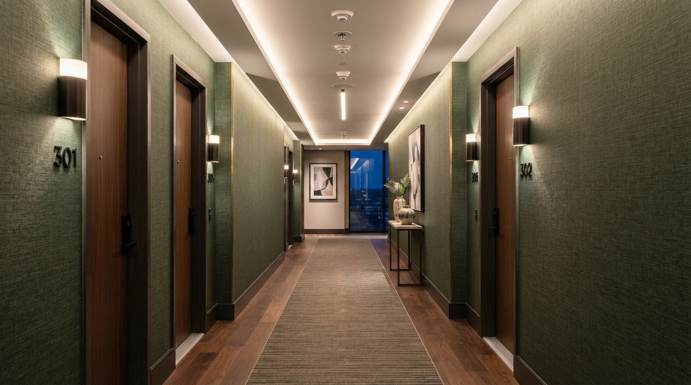 Finished commercial wallcovering installation in a condominium corridor