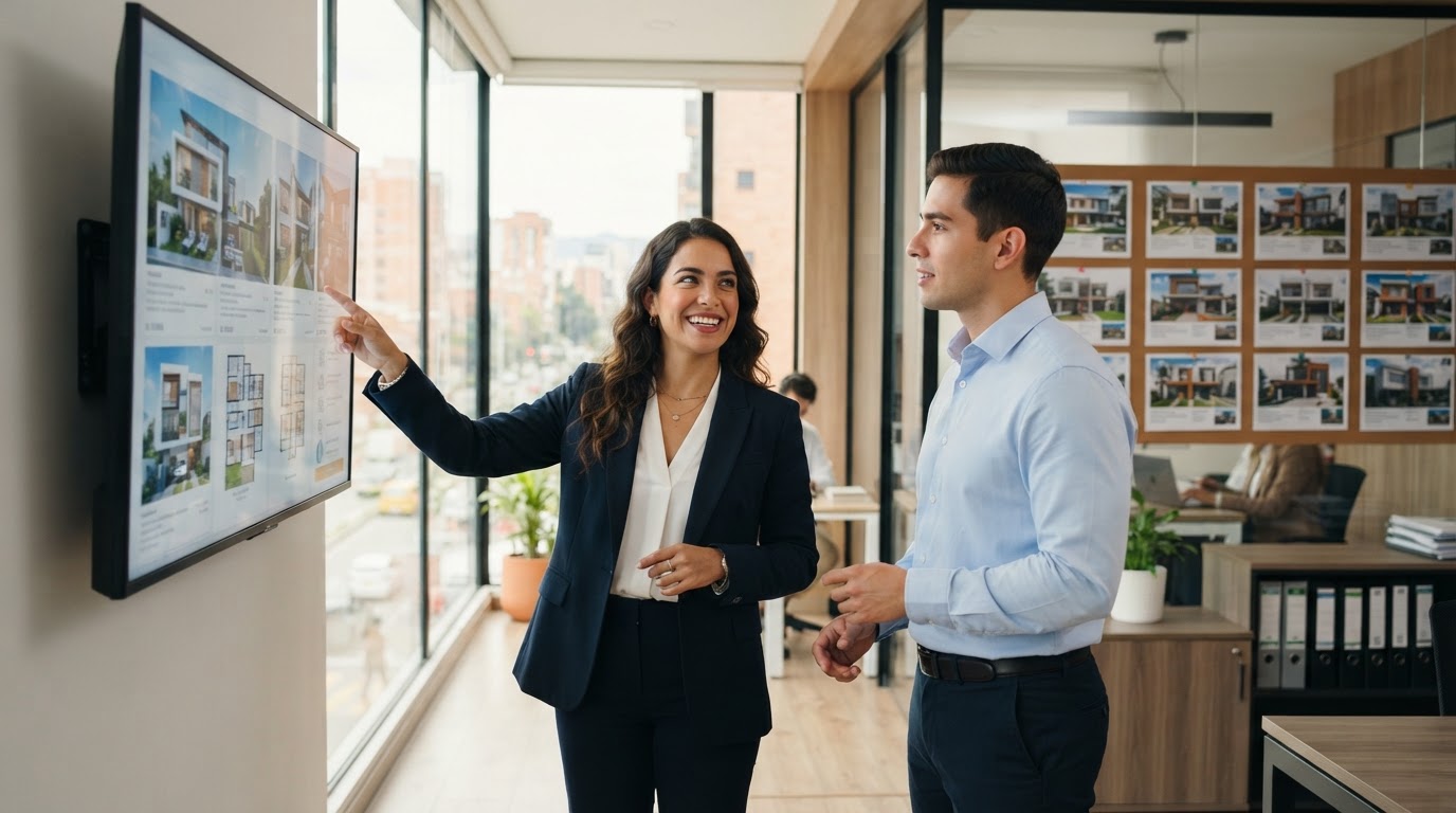 Profesionales inmobiliarios trabajando en una oficina moderna con propiedades en pantalla