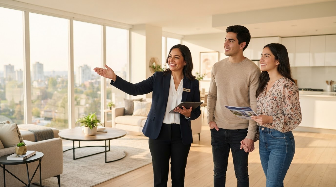 Asesor inmobiliario conversando con clientes sobre propiedades