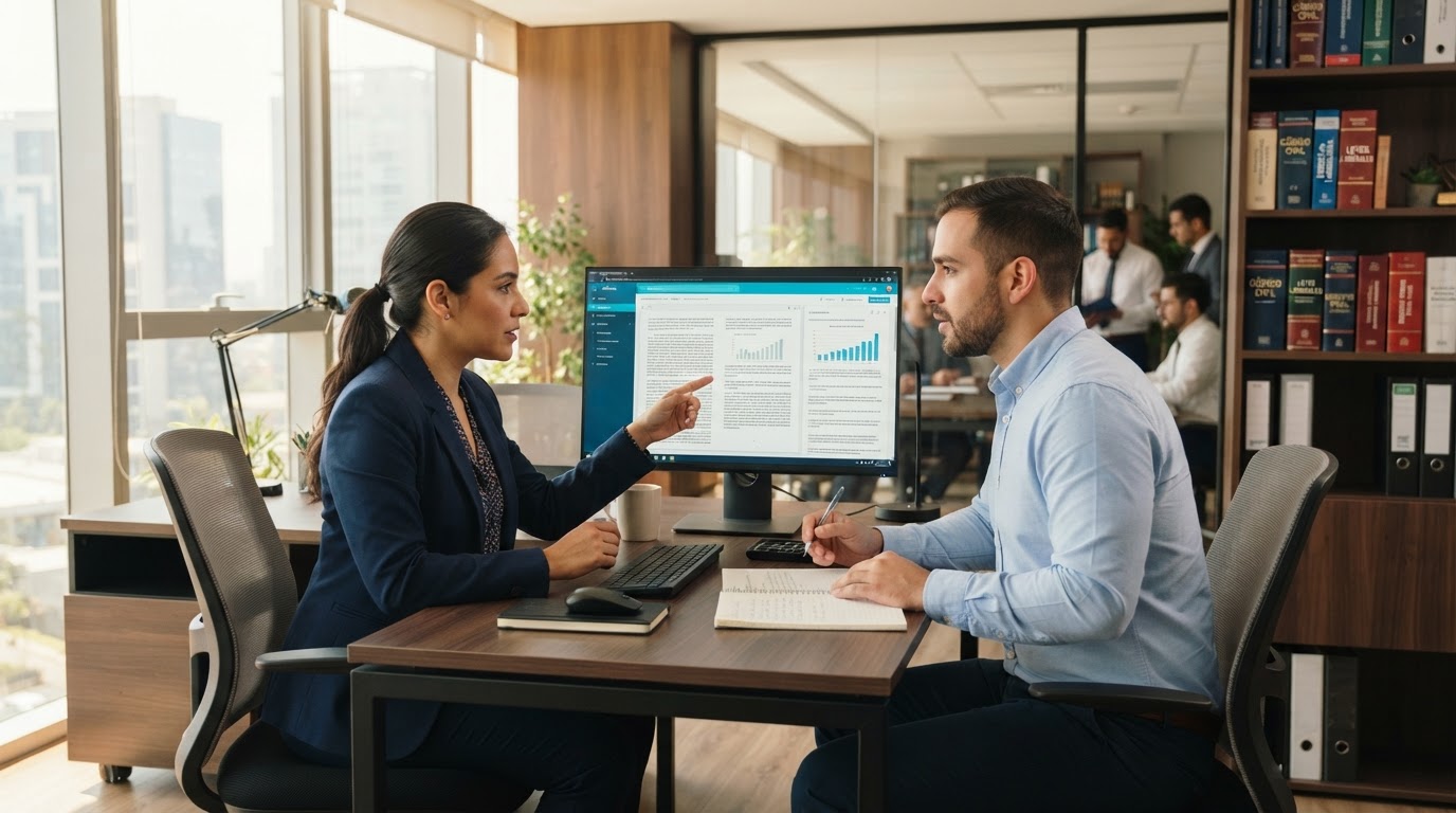 Personal administrativo de un estudio jurídico trabajando con una computadora en una oficina moderna