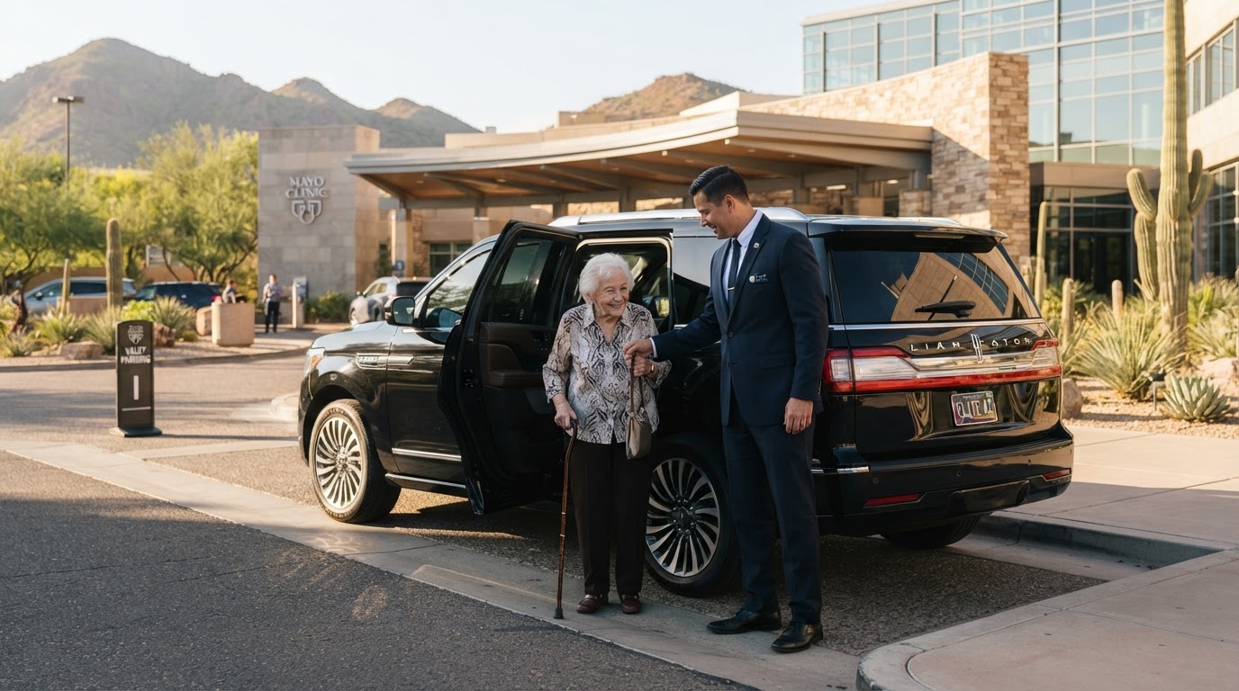 Helping Hands Network driver assisting a senior passenger into a clean vehicle for a medical appointment