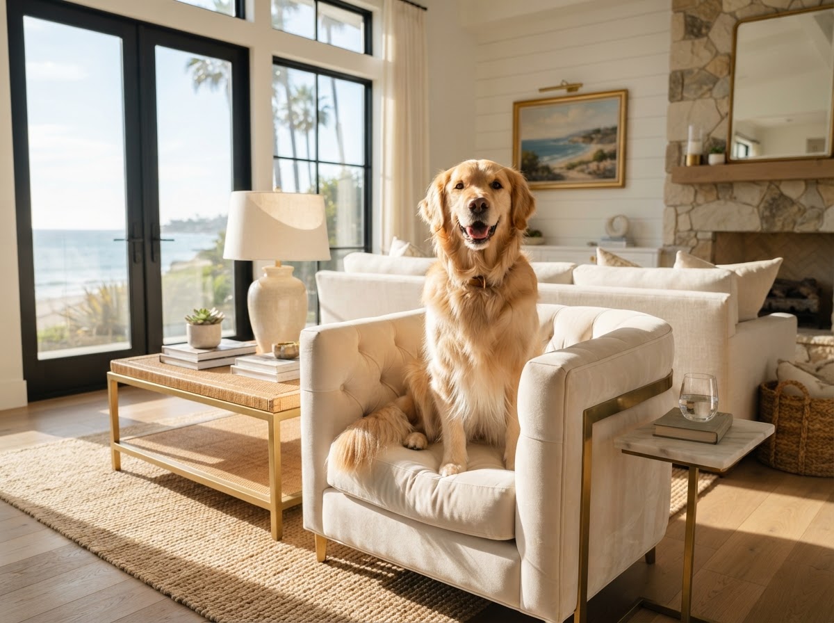 Happy golden retriever in luxury home - Brendi Pet Club