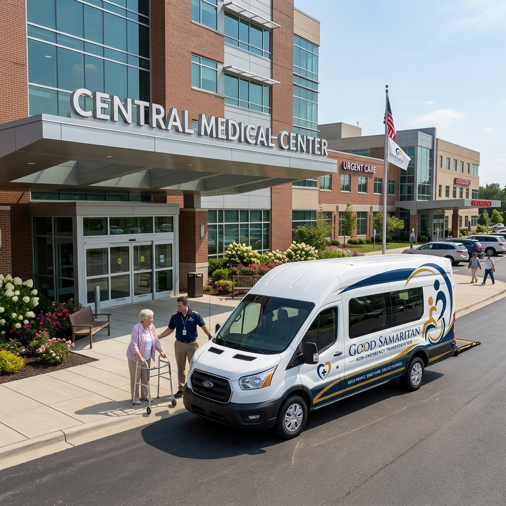 Good Samaritan NEMT branded van at Central Medical Center with driver assisting senior patient - showing company logo and full branding on vehicle