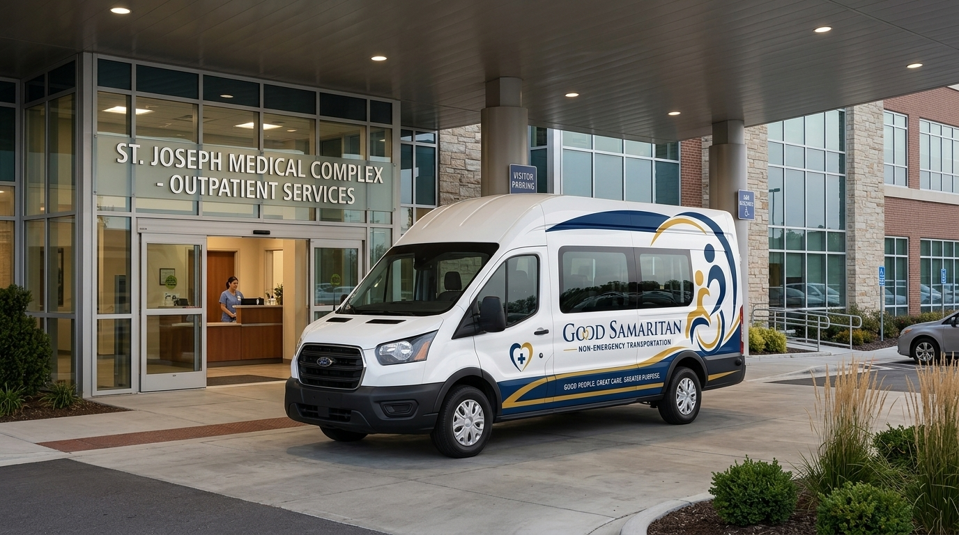 Good Samaritan NEMT branded van at St. Joseph Medical Complex Outpatient Services showing full company logo and branding