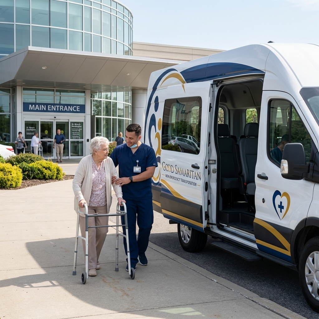 Good Samaritan NEMT driver in navy blue uniform with company logo escorting senior woman toward a branded van with GOOD SAMARITAN NEMT emblazoned on side panel