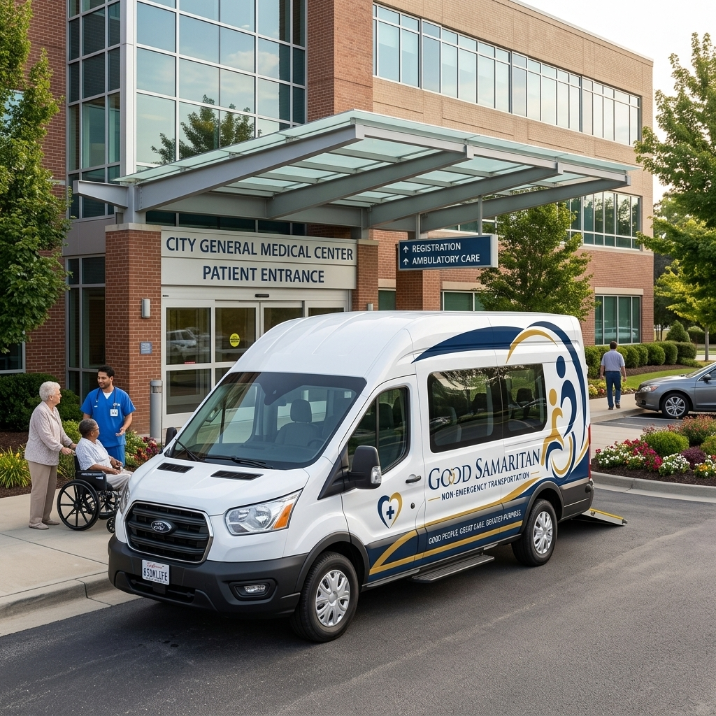 Good Samaritan NEMT branded wheelchair-accessible van at City General Medical Center with driver assisting wheelchair patient - company logo and GOOD SAMARITAN NEMT clearly visible on vehicle side