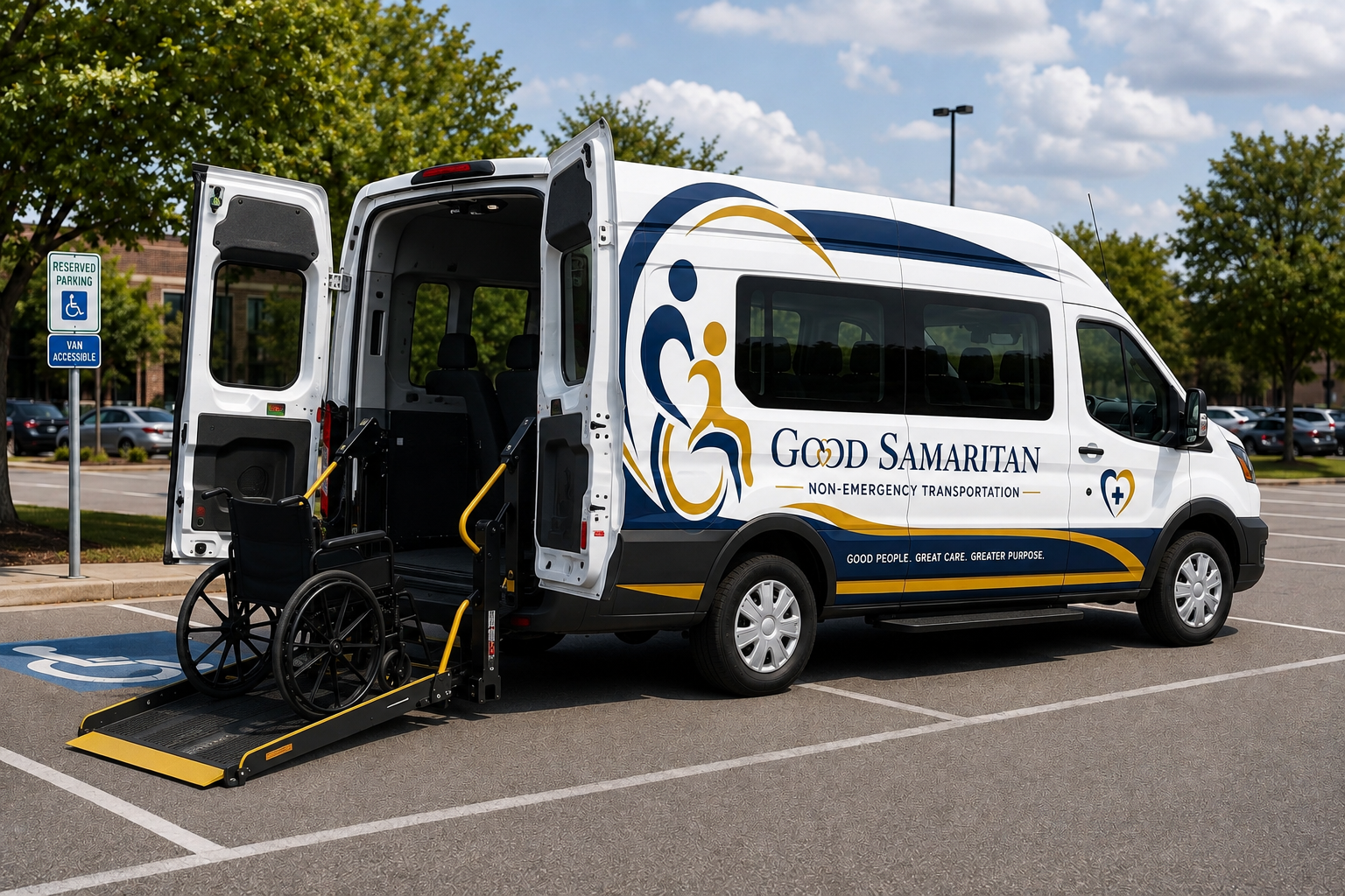 Good Samaritan NEMT branded wheelchair-accessible van with hydraulic lift deployed at accessible parking space showing full company logo and branding