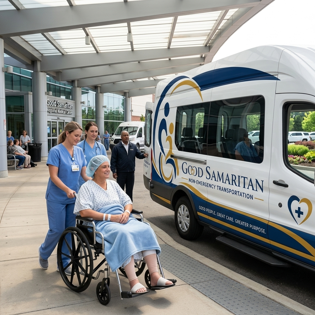 Good Samaritan NEMT driver in navy blue uniform with company logo helping patient board a branded van showing GOOD SAMARITAN NEMT text on side