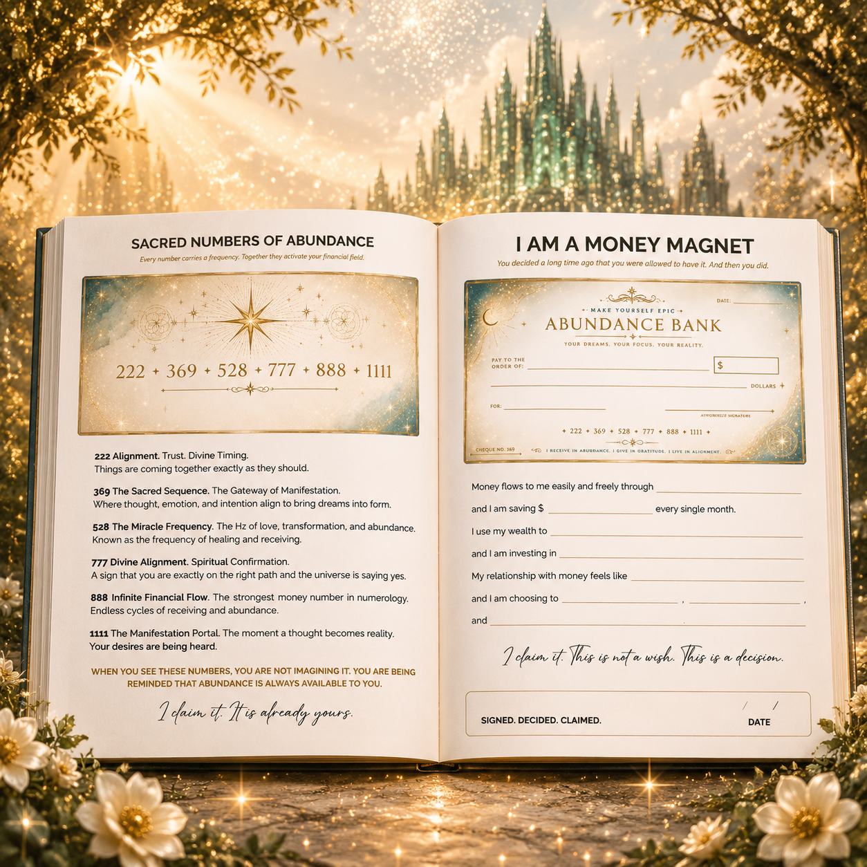 Inside the Lifetime Dreams personal growth and manifestation workbook showing abundance and money exercises