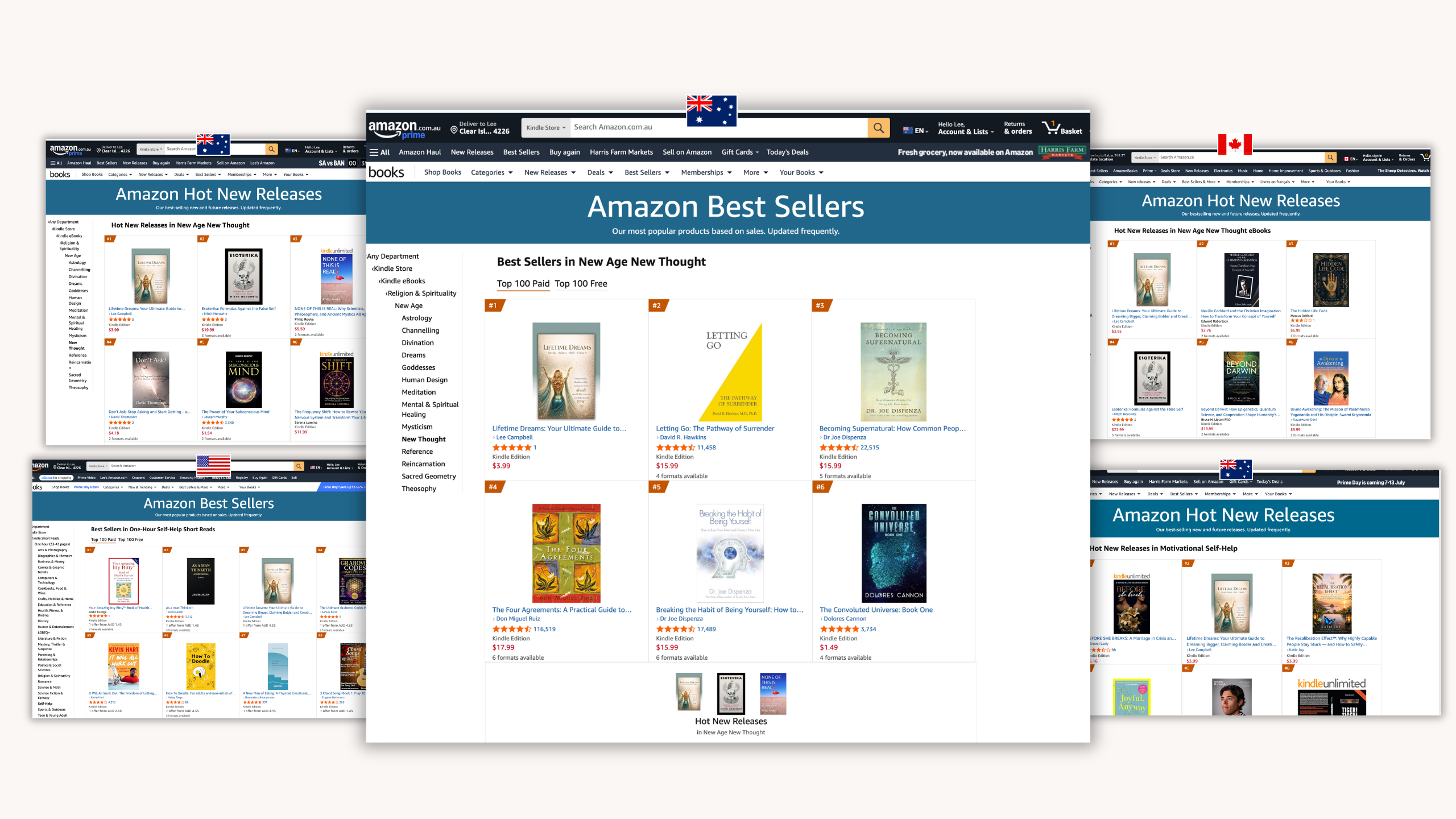 Amazon ranking screenshots showing Lifetime Dreams as #1 Amazon Bestseller across Australia, USA, and Canada