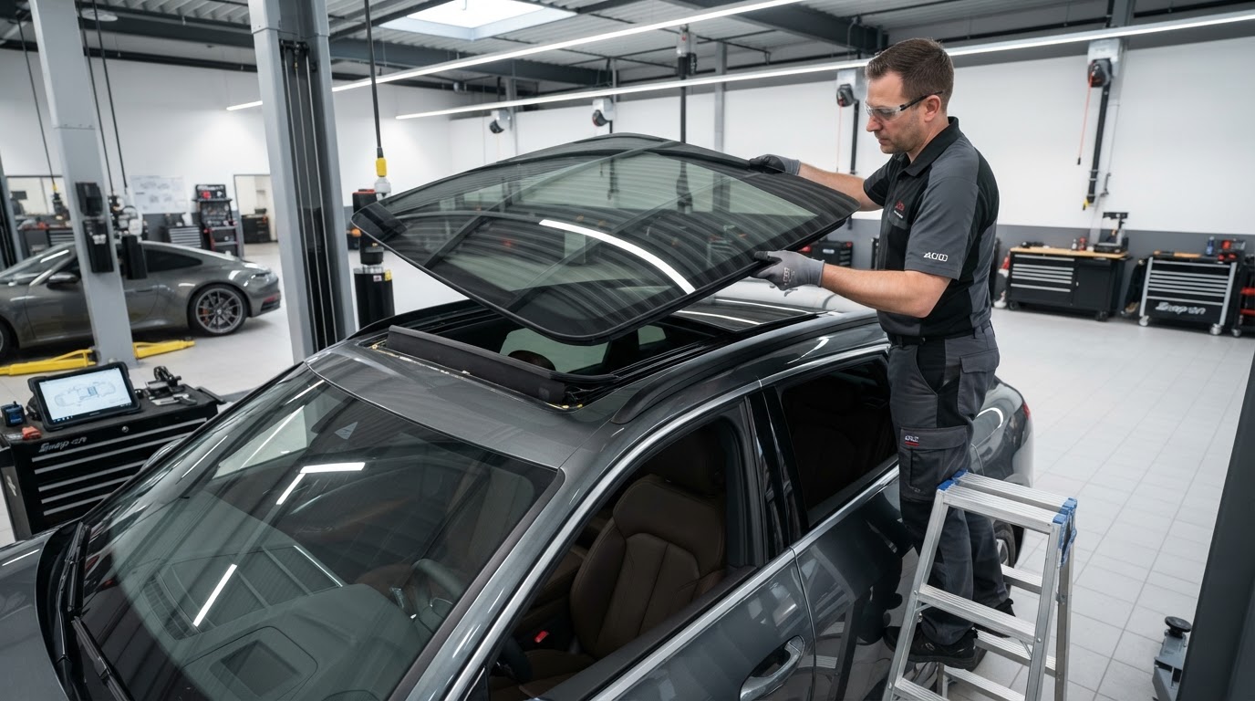 Panoramic sunroof glass replacement on a luxury vehicle in Irving Texas