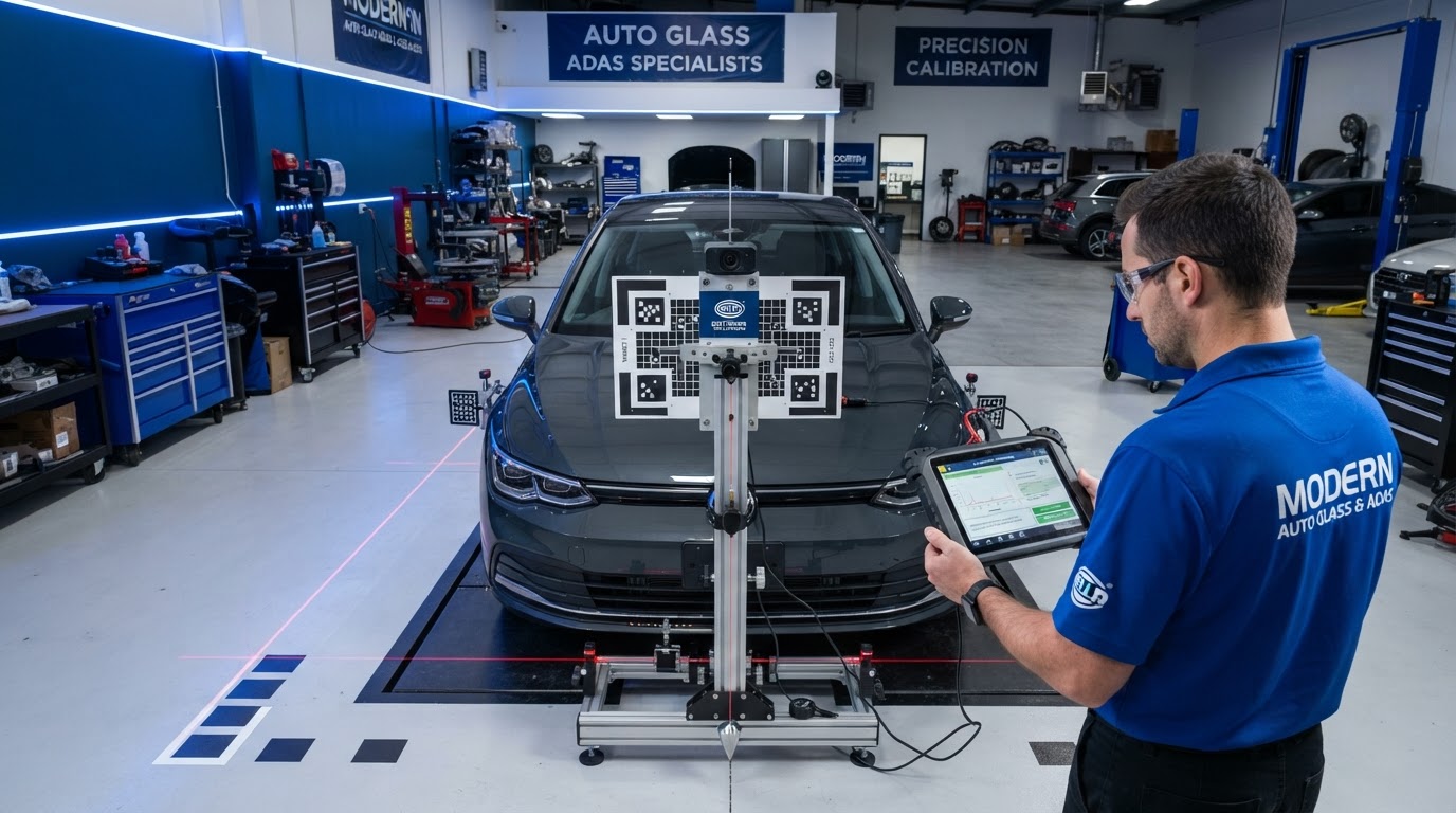 ADAS calibration setup with precision targets and diagnostic equipment in Irving Texas
