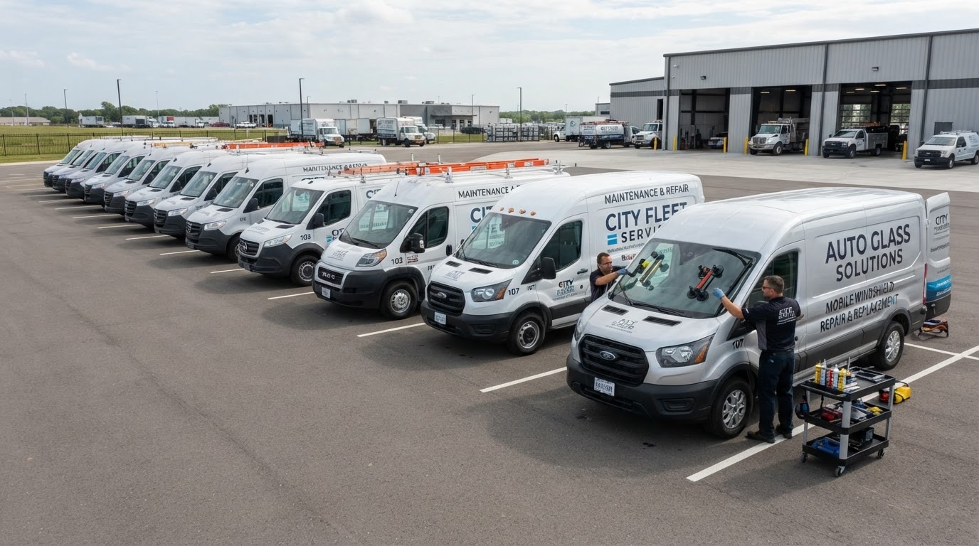 Commercial fleet vehicles being serviced by mobile auto glass van in Irving Texas