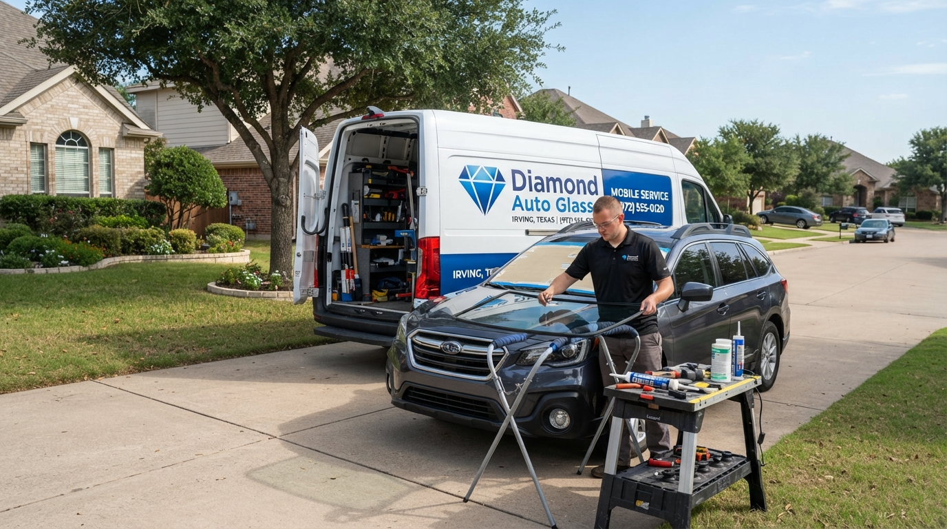 Diamond Auto Glass mobile service van parked at a customer's home in Irving, Texas for windshield replacement