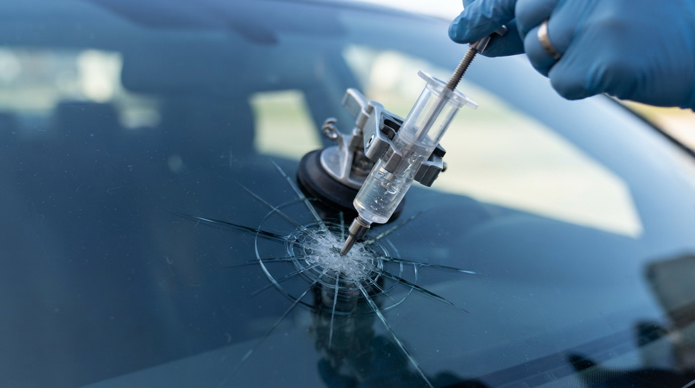 Rock chip repair specialist injecting resin into a windshield in Irving Texas