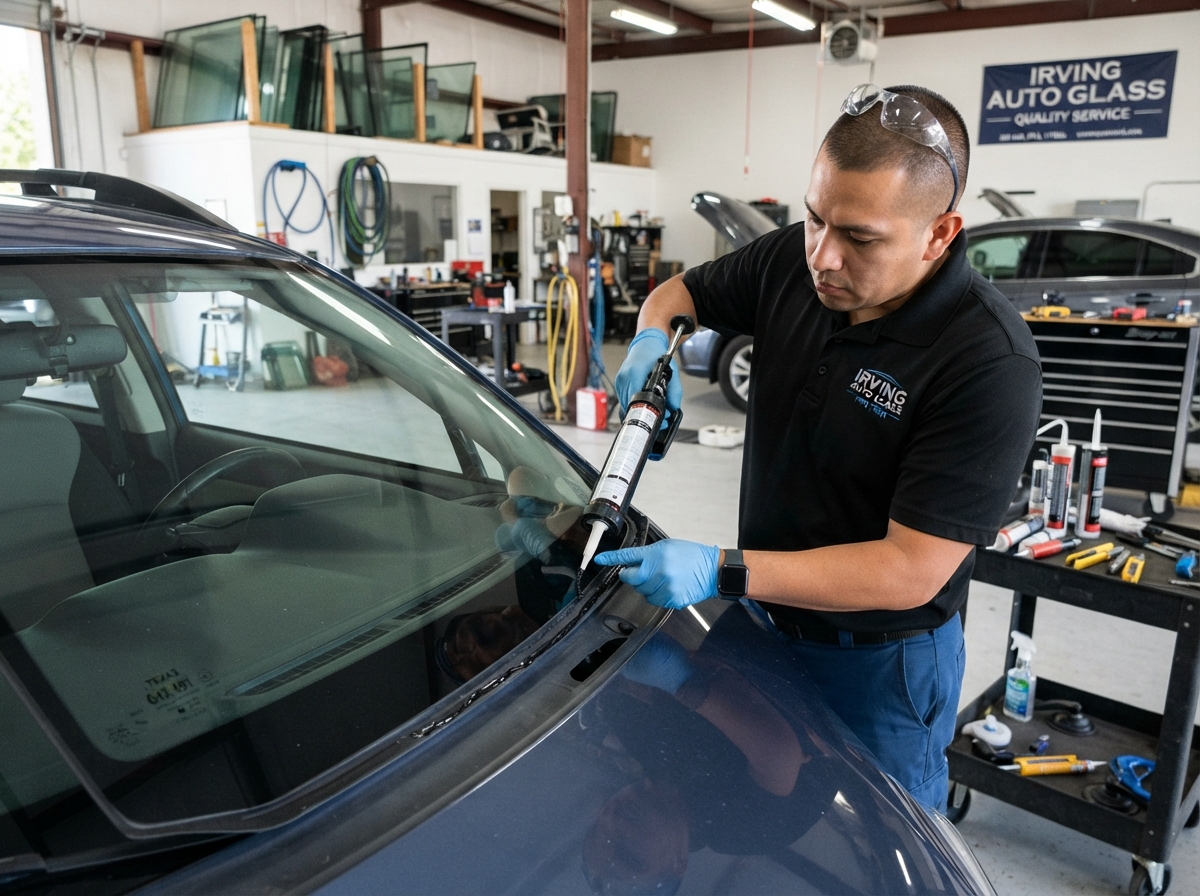 Diamond Auto Glass technician in a black branded polo performing windshield replacement in Irving, Texas