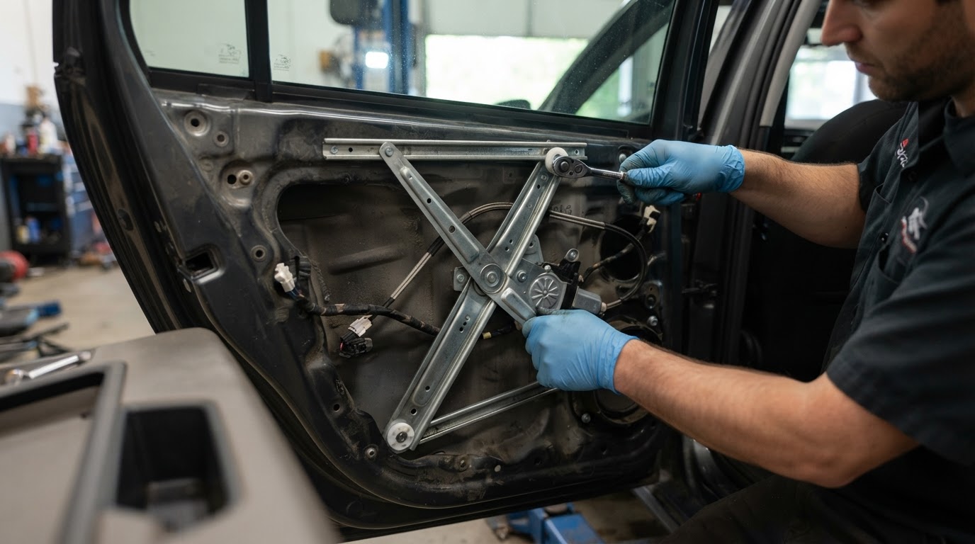 Window regulator cable and track repair inside a car door in Irving Texas