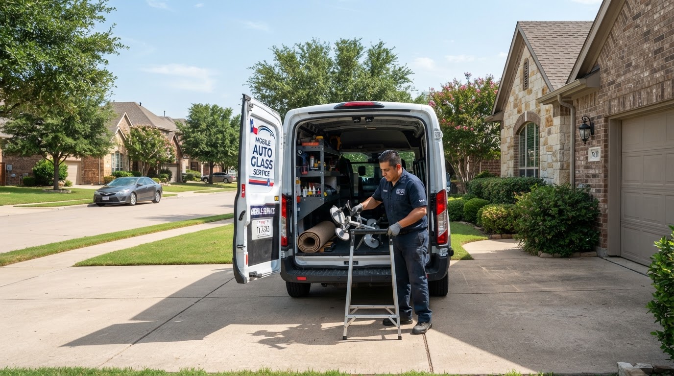 Diamond Auto Glass mobile service van parked in a suburban driveway in Irving, Texas for on-site windshield replacement