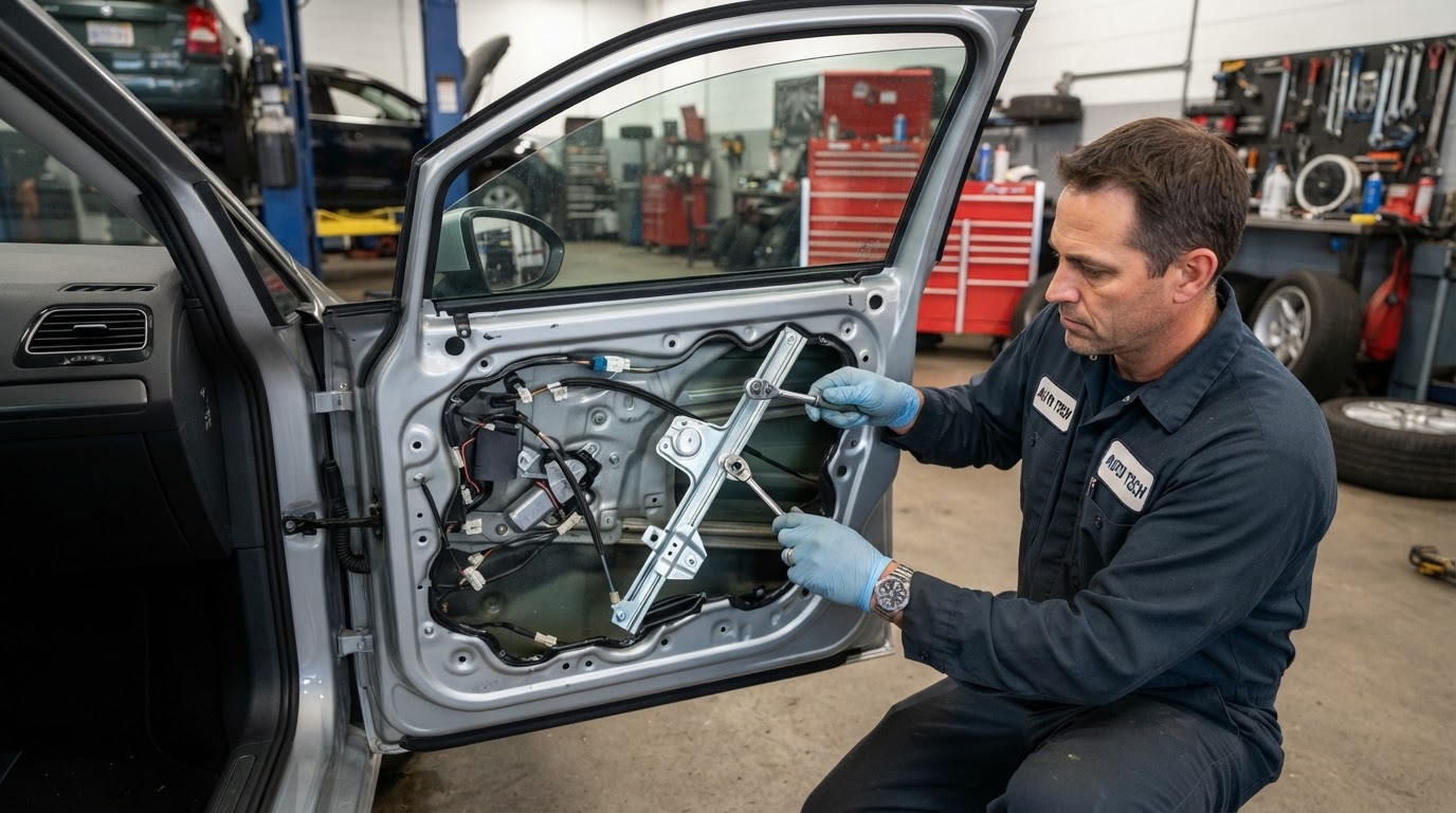 Power window motor and switch repair inside a car door in Irving Texas