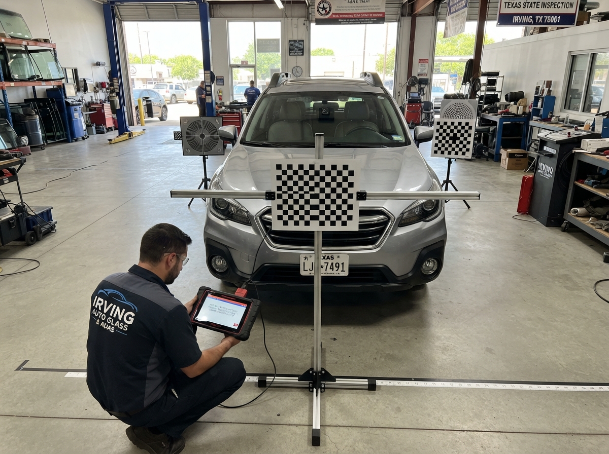 Diamond Auto Glass technician performing in-house ADAS calibration with precision targets set up in the shop in Irving, Texas