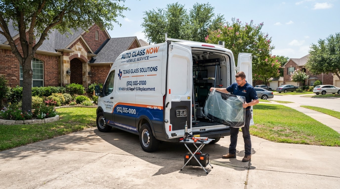 Mobile auto glass service van at a residential home in Irving Texas