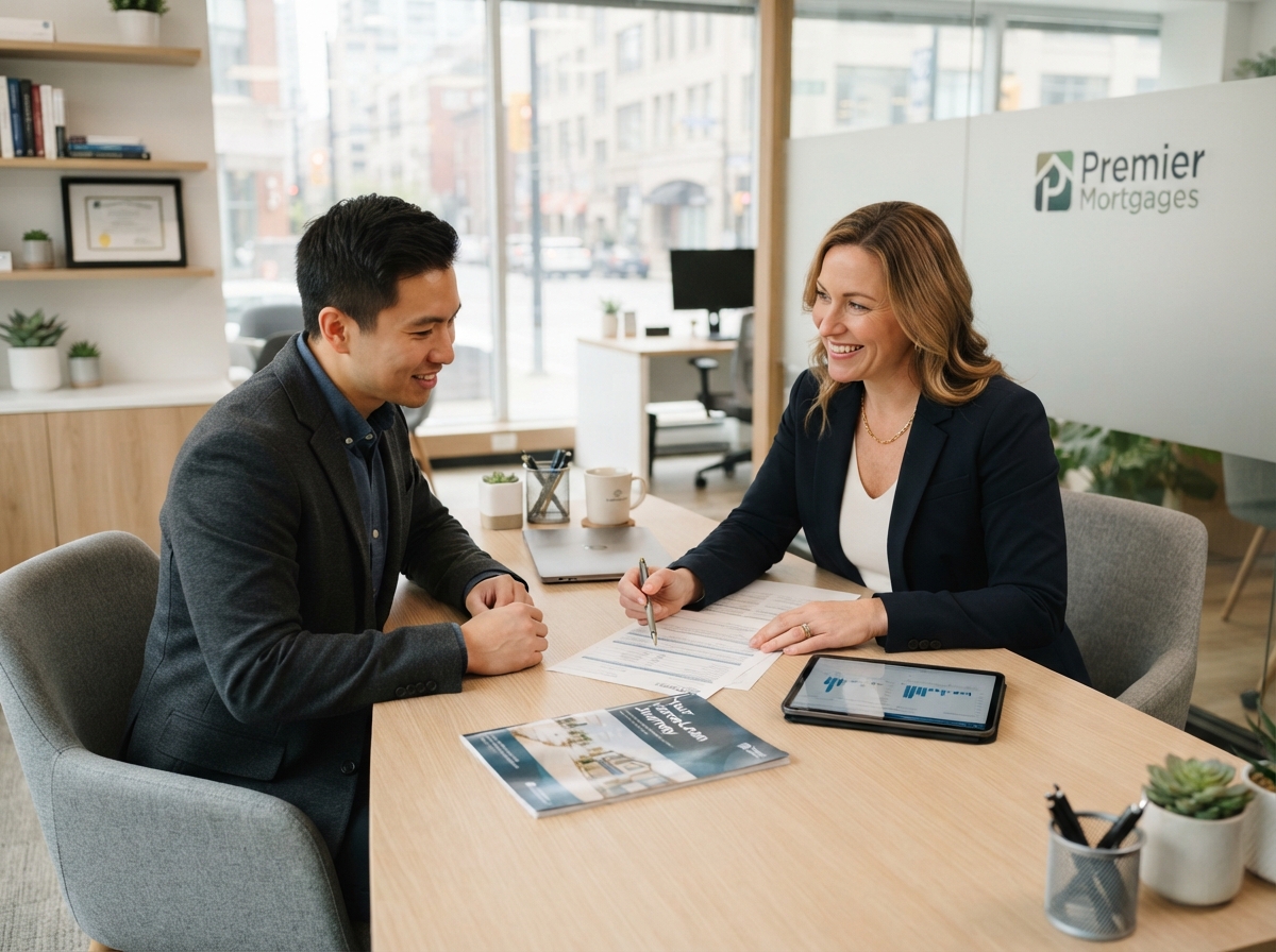 A mortgage consultant reviewing loan documents with a client at a clean desk