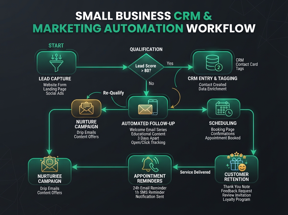 Small business CRM and marketing automation workflow with lead capture and follow-up sequences