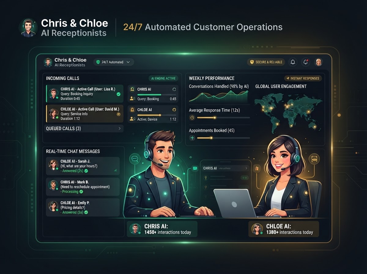 Chris and Chloe AI receptionists answering customer calls and messages 24/7