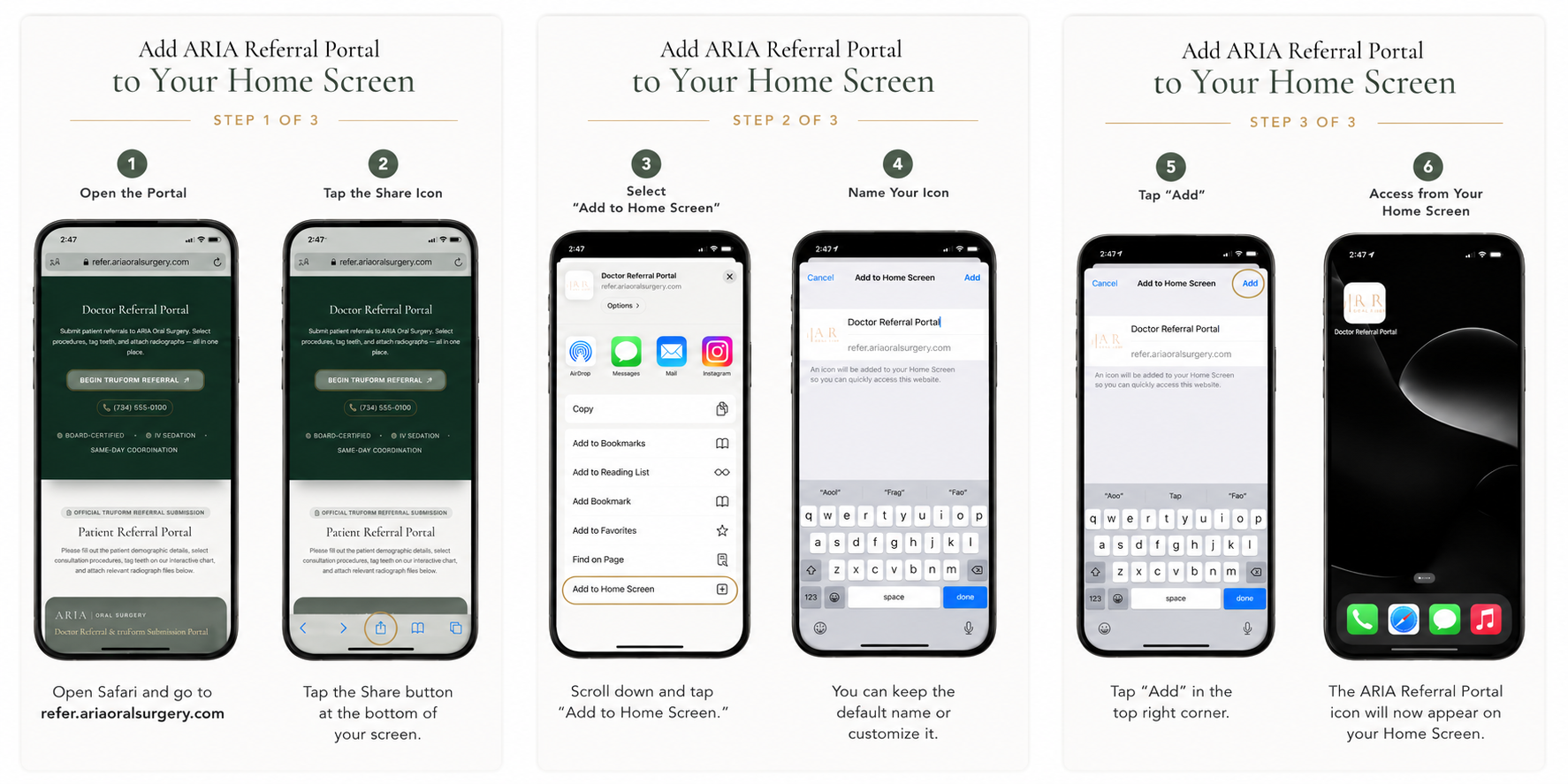 Step-by-step guide showing how to add ARIA Referral Portal to iPhone home screen using Safari