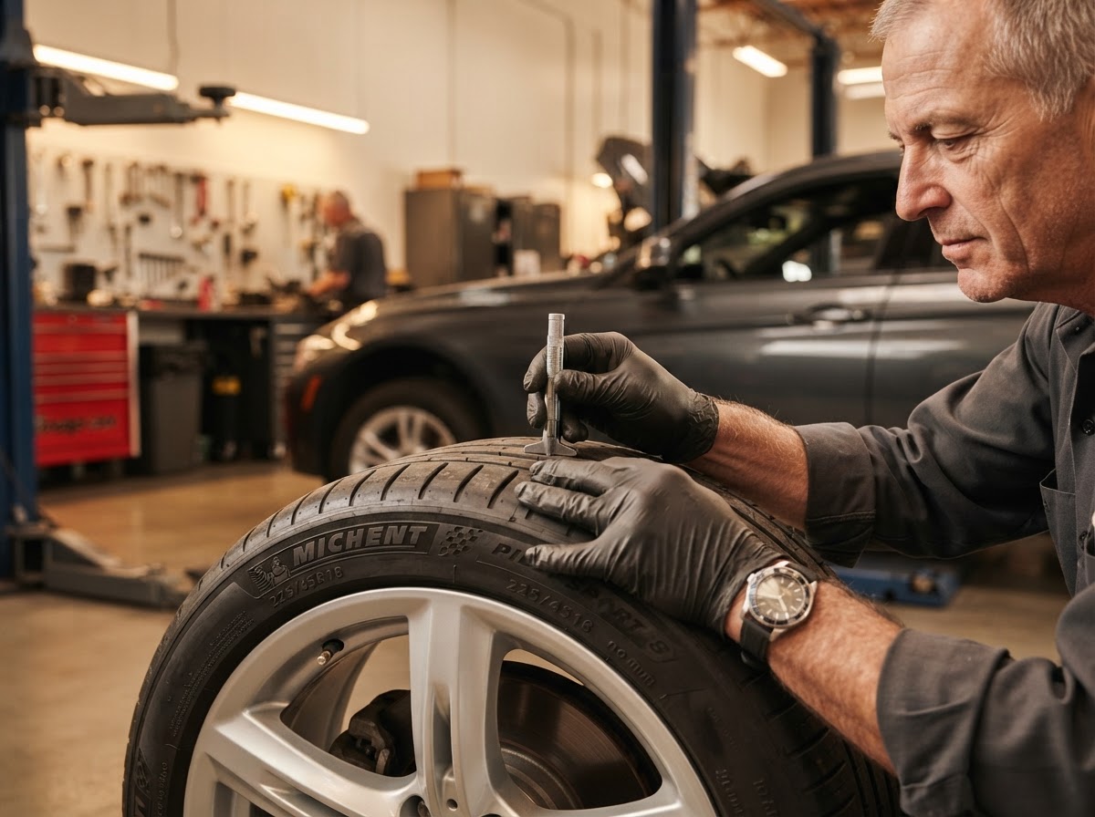 Technician inspecting tire tread depth in Crystal, MN