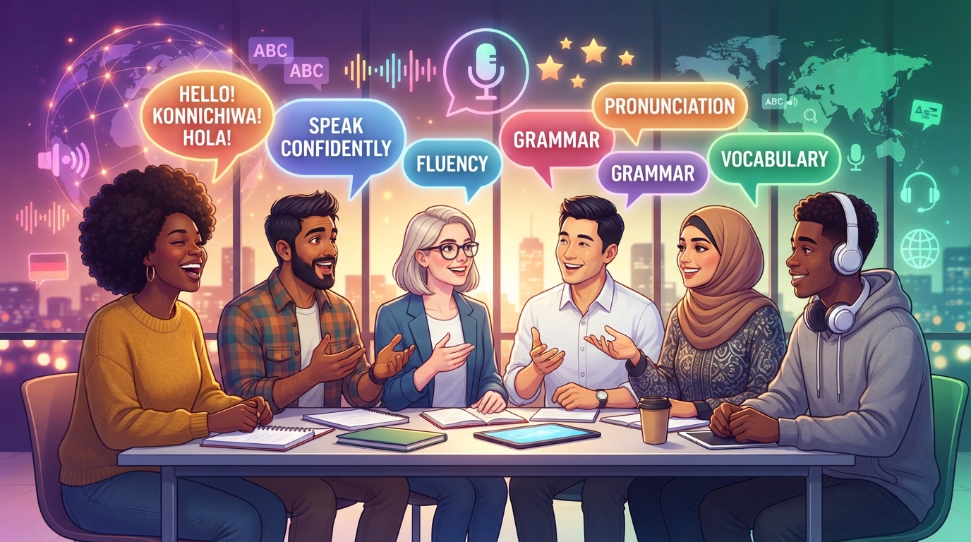 Person speaking English confidently with speech bubbles and fluency icons