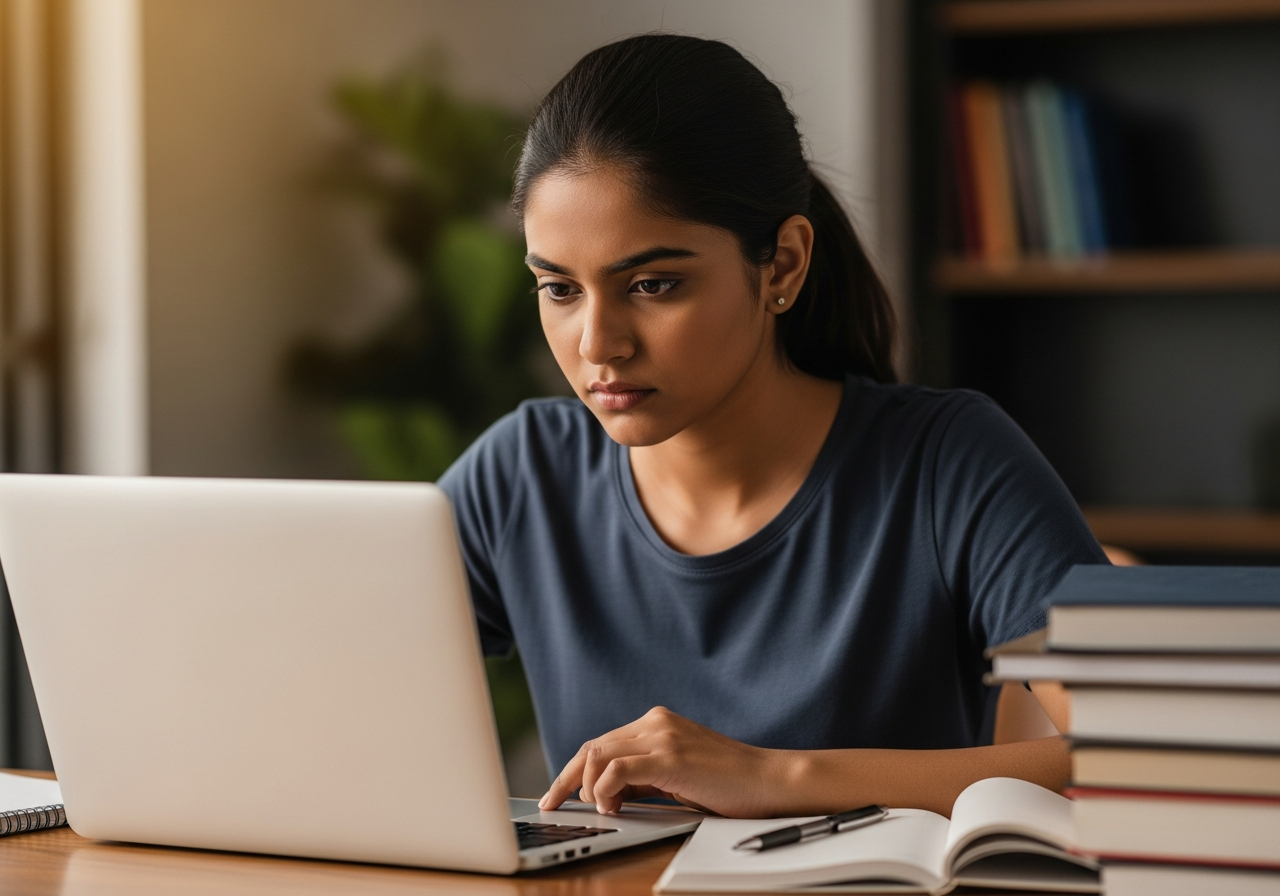 Indian girl seriously learning on a laptop