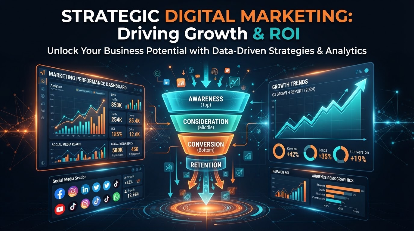 Digital marketing dashboard showing SEO, social media, and analytics metrics