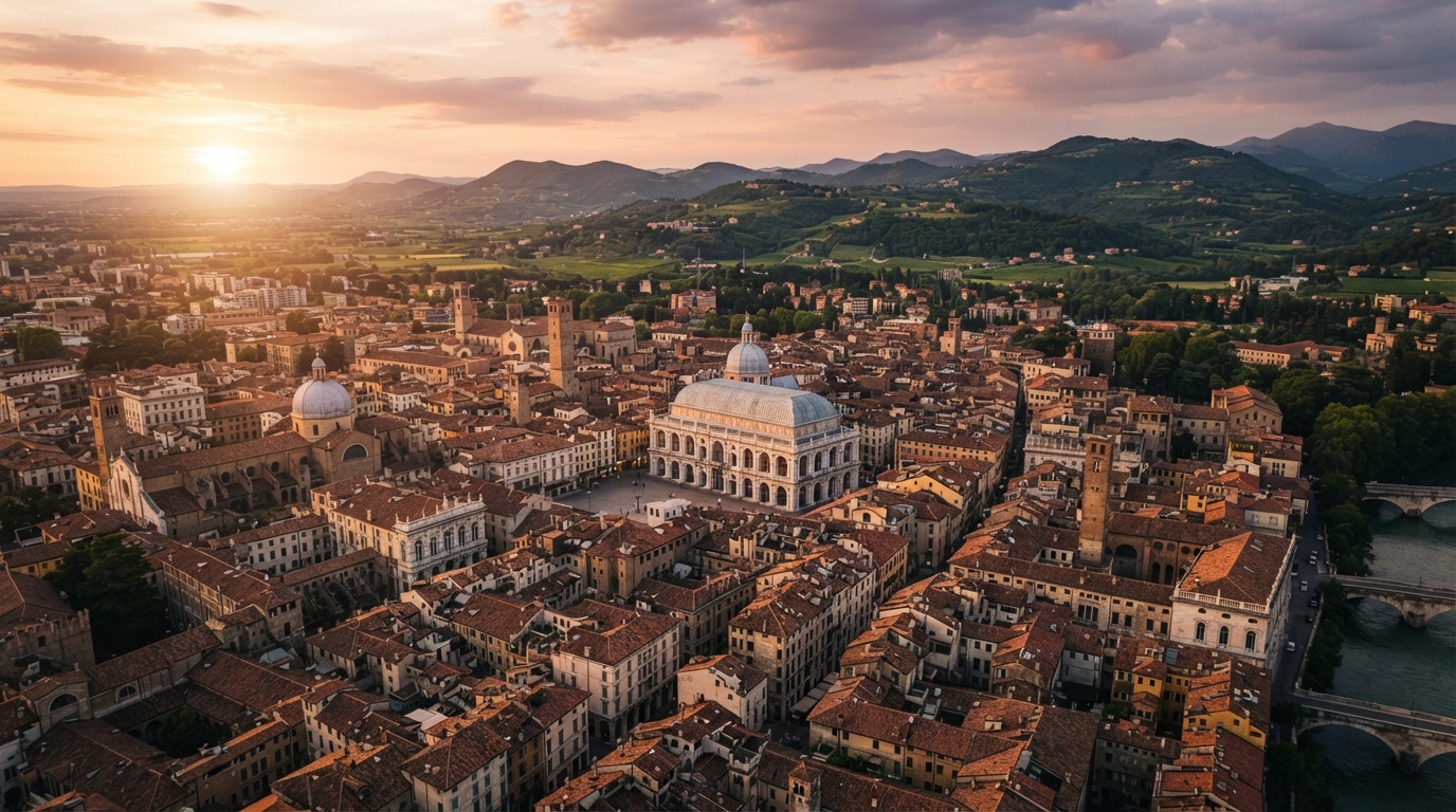 Veduta aerea della città di Vicenza al tramonto — Together Now Real Estate