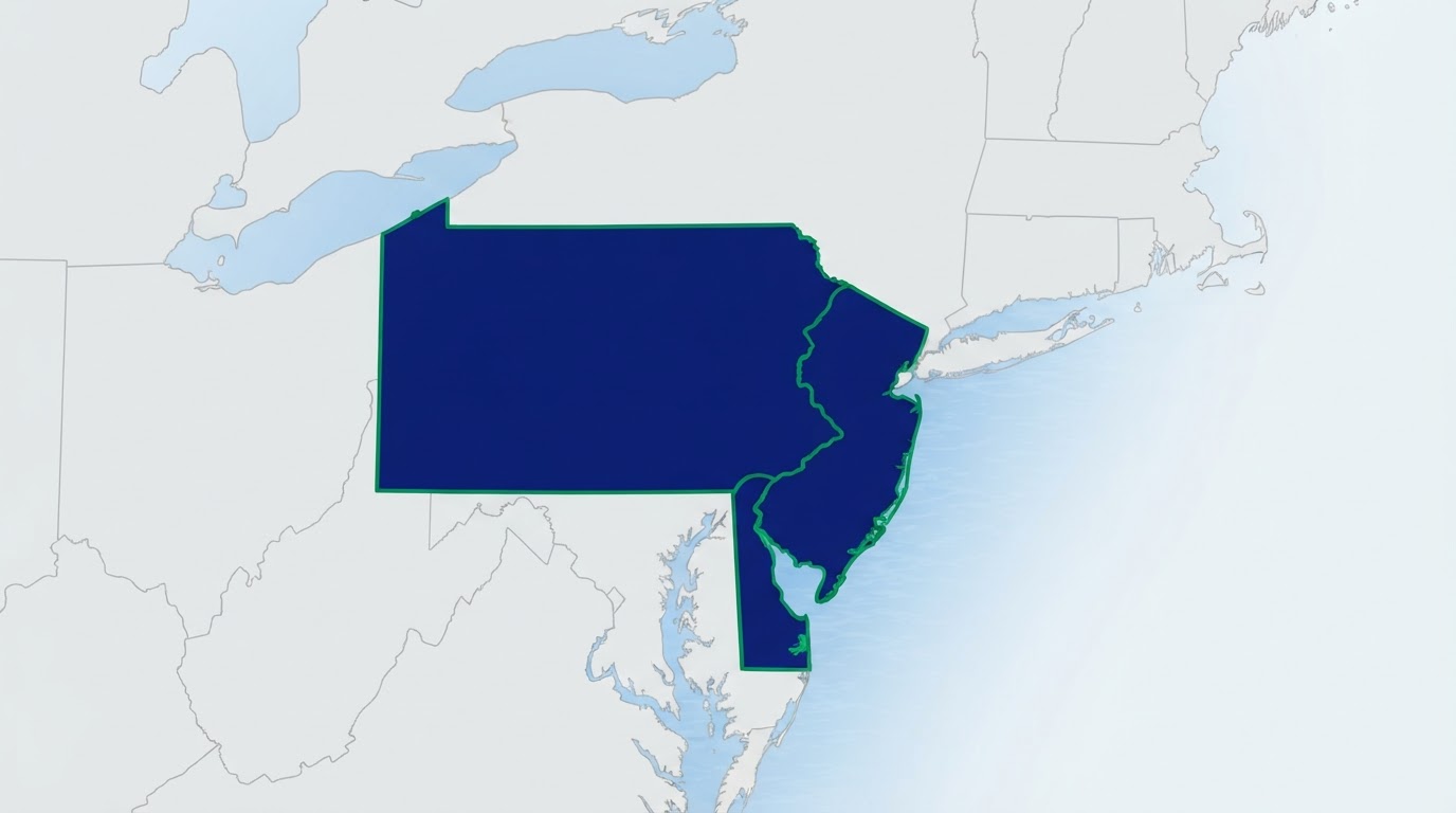 Lane Roofing & Exteriors service area covering Delaware, Pennsylvania, and New Jersey