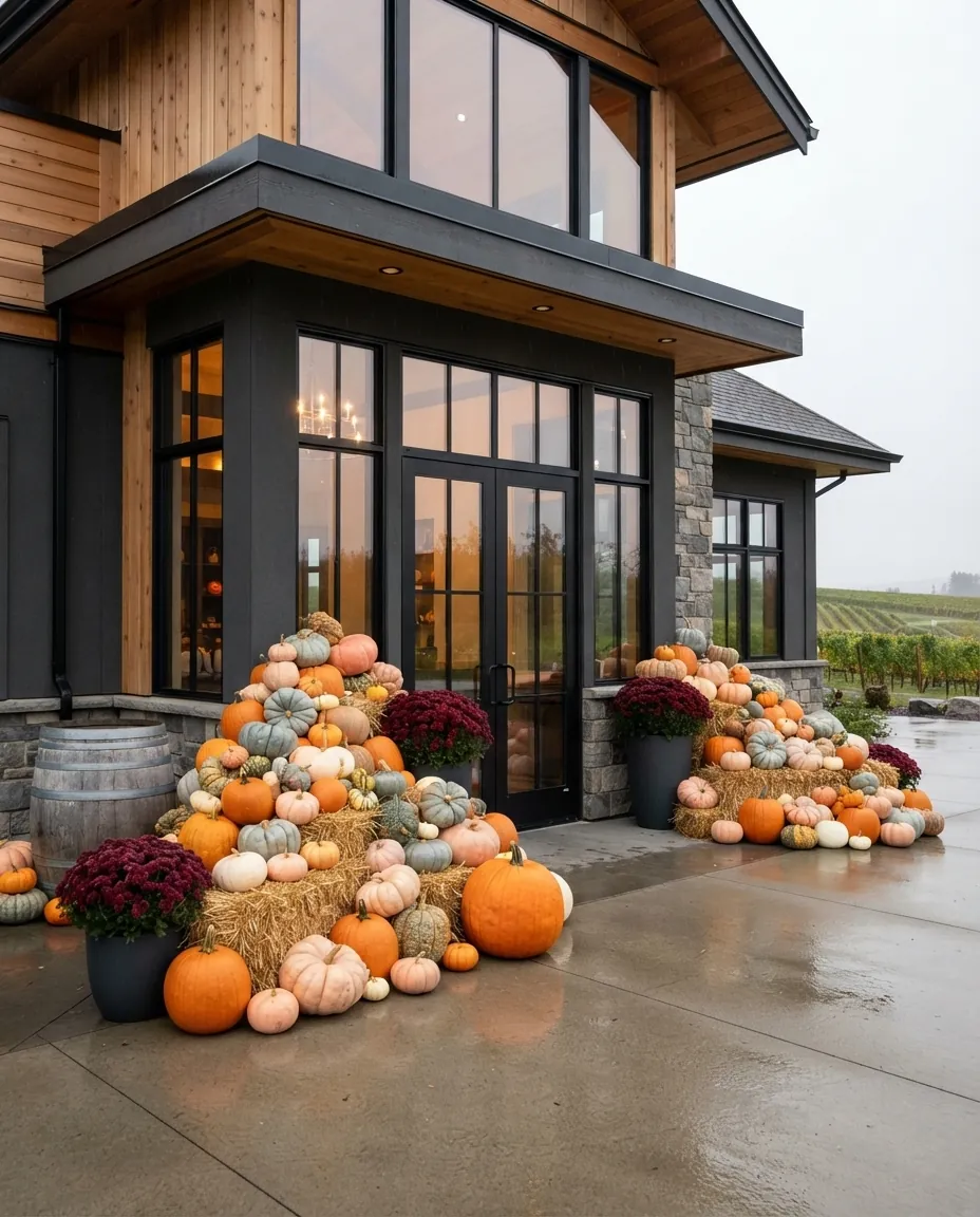 Large-scale autumn display of heirloom pumpkins and gourds arranged at the entrance of a modern winery or hospitality venue — illustrating the scale available for commercial installations