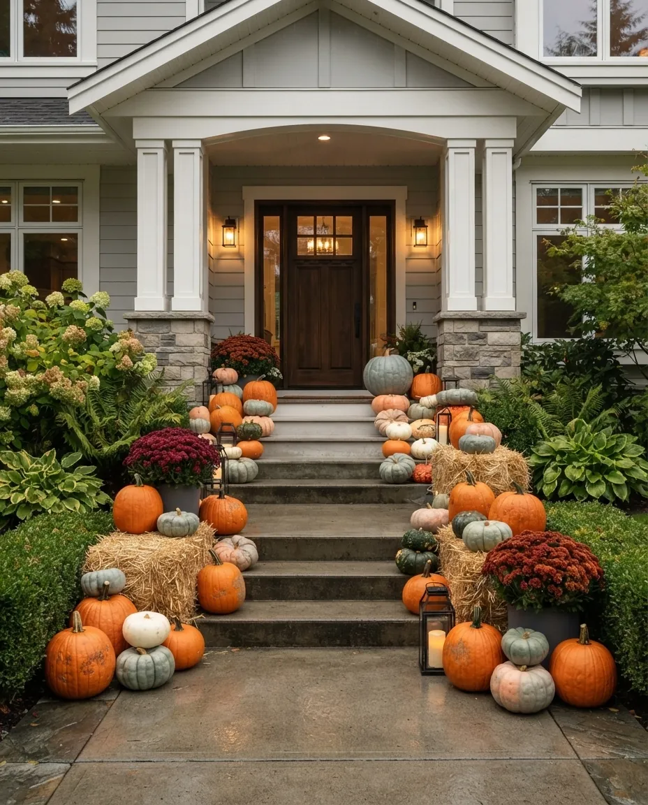 Signature pumpkin display of mixed heirloom pumpkins arranged across stone porch steps leading to a dark wood front door on a modern home with white columns and warm lantern lighting