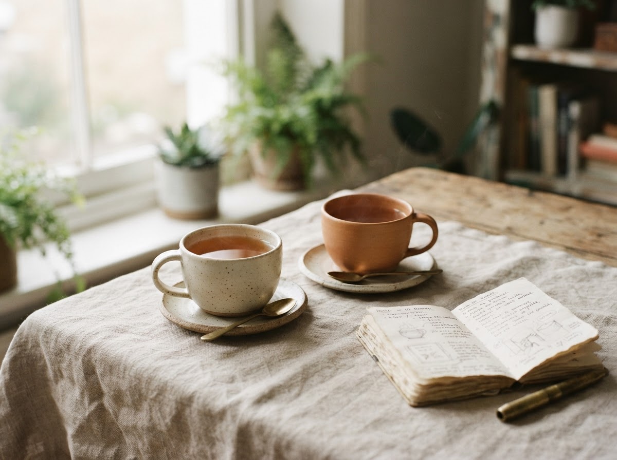 Two cups of tea on a soft linen tablecloth beside an open journal, in warm natural light