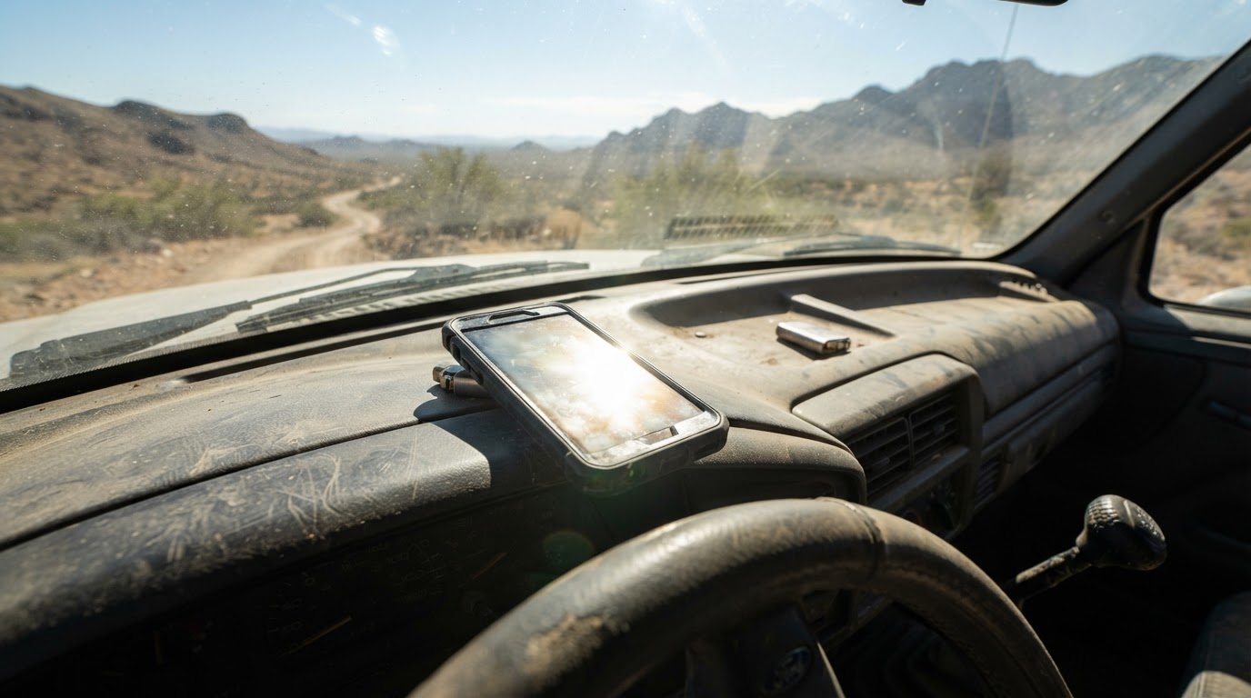 Phone on a truck dashboard showing a missed call notification, sun glare