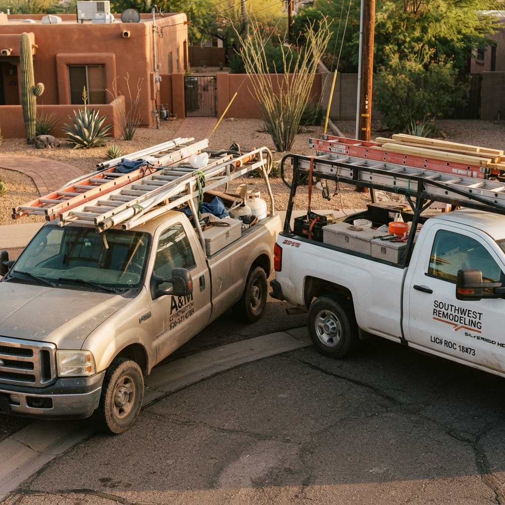 Two work trucks parked on the same residential street