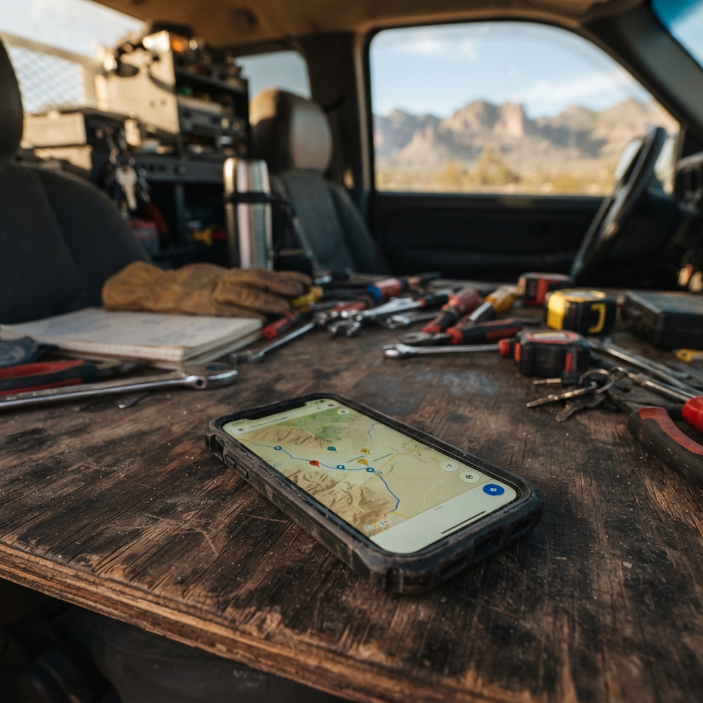 Phone on a workbench showing a map view